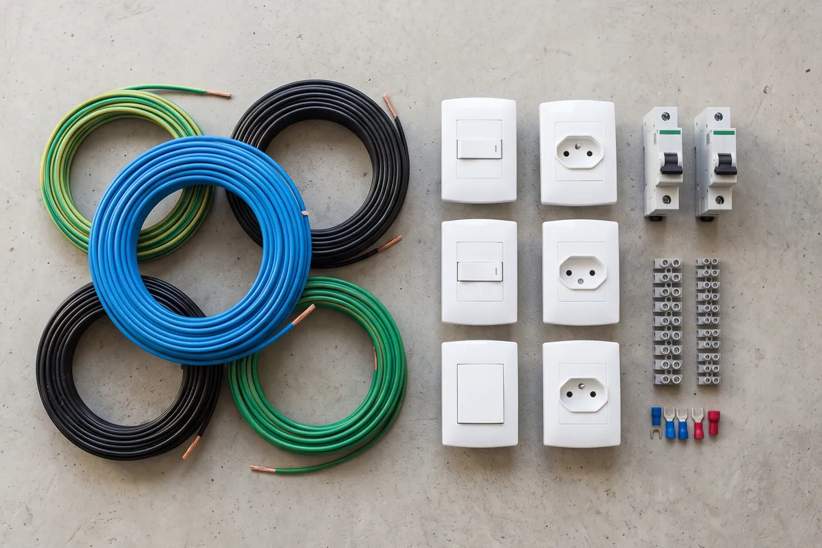 Rolos de fio azul, preto e verde, tomadas e interruptores, disjuntores e conectores sobre piso de concreto