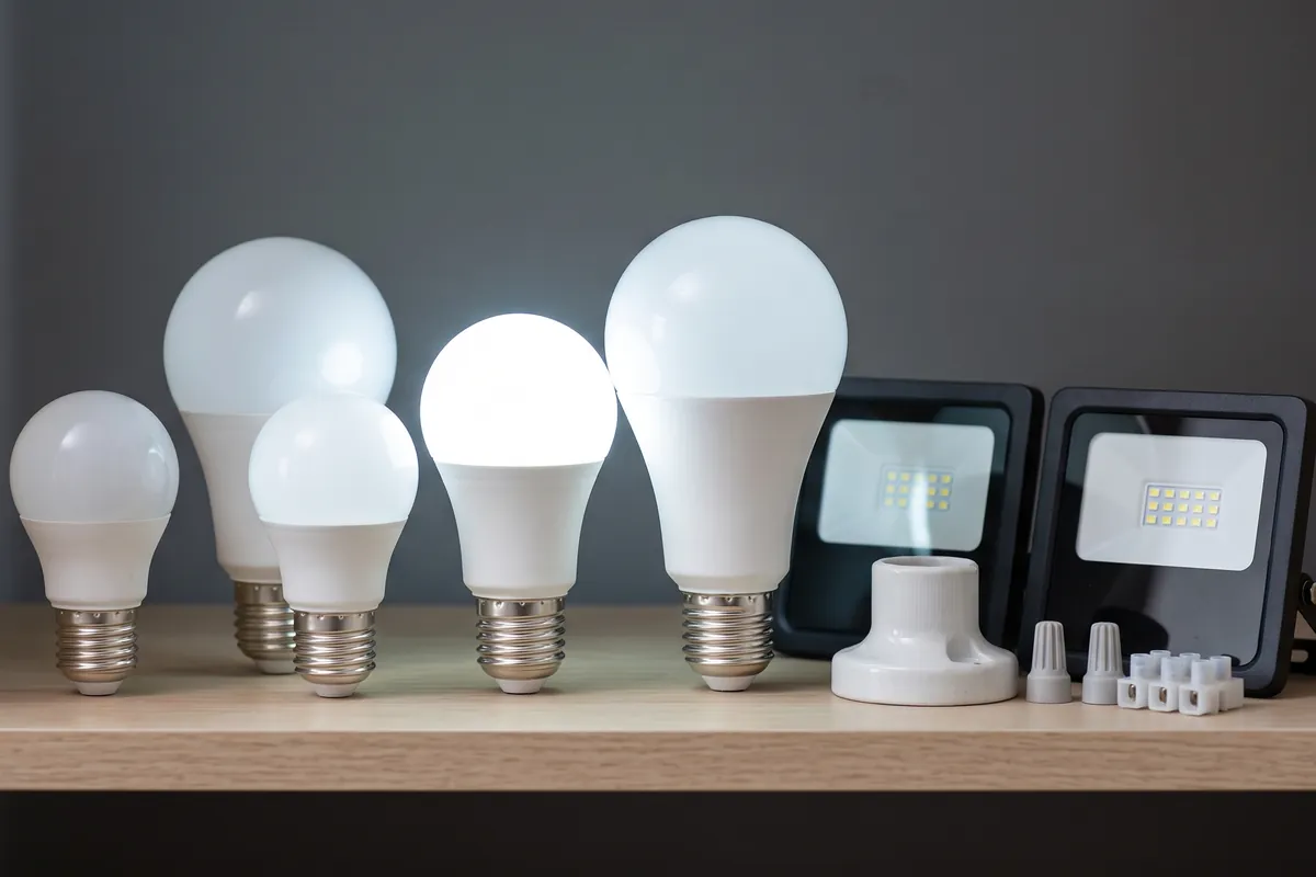 Lâmpadas de LED brancas, uma delas acesa, dois holofotes, soquete de porcelana e conectores numa prateleira