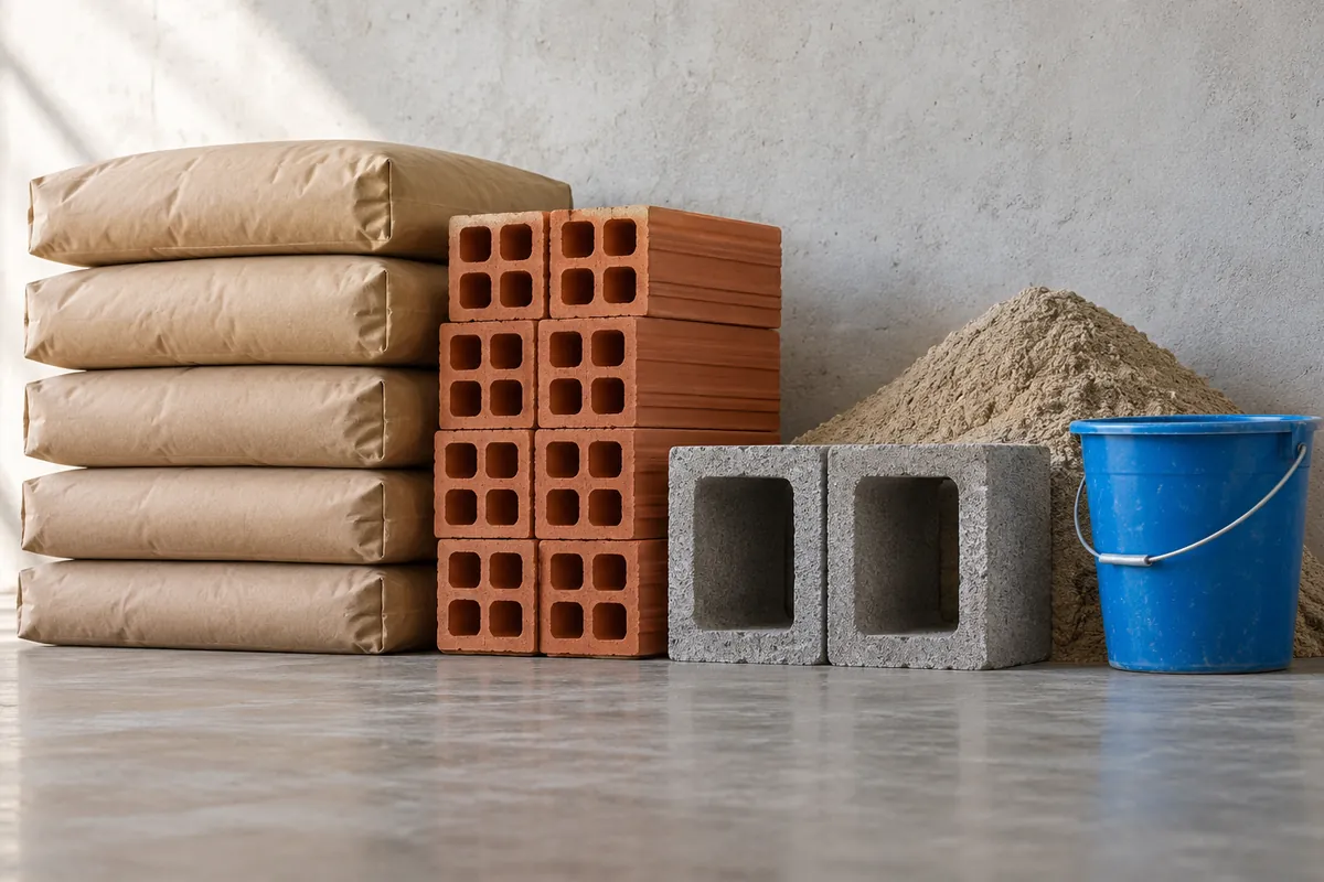 Sacos de cimento, tijolos cerâmicos, blocos de concreto, areia e balde de obra junto a uma parede de concreto