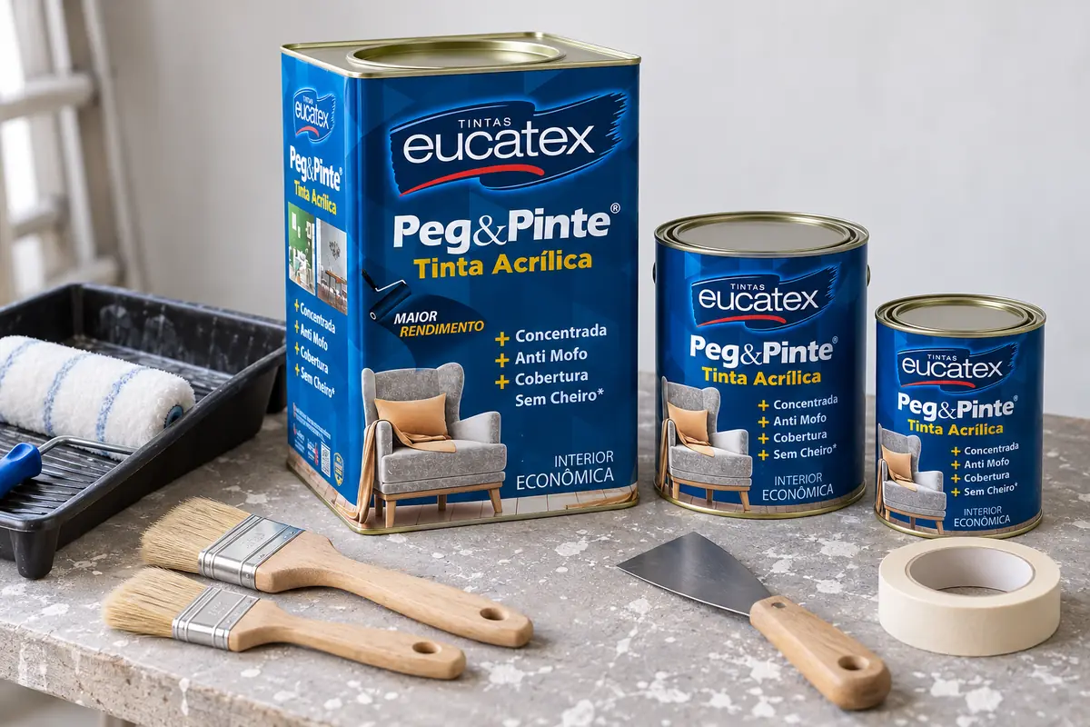 Lata de 18 litros e duas latas menores de tinta acrílica, bandeja com rolo, pincéis, espátula e fita crepe